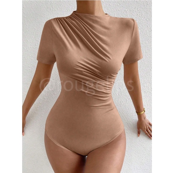 Ruched Tan Asymmetrical Short Sleeve Bodysuit  Stretchy - Picture 3 of 10